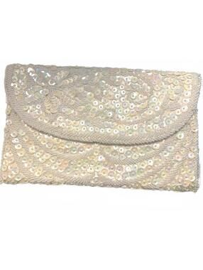 Vintage White Beaded Sequin Clutch Purse Handmade Bridal Evening Bag 1950s